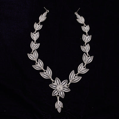 Silver Filigree Floral Necklace With Earring Set