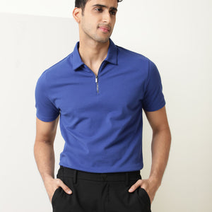 Rare Rabbit Men's Stel Fluorescent Blue Cotton Fabric Collared Neck Zipper Closure Half Sleeves Flat Knit Polo T-Shirt