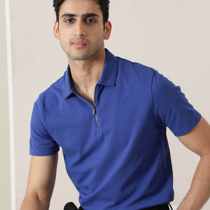 Rare Rabbit Men's Stel Fluorescent Blue Cotton Fabric Collared Neck Zipper Closure Half Sleeves Flat Knit Polo T-Shirt