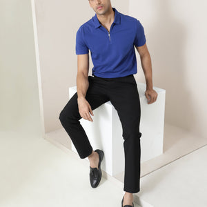 Rare Rabbit Men's Stel Fluorescent Blue Cotton Fabric Collared Neck Zipper Closure Half Sleeves Flat Knit Polo T-Shirt
