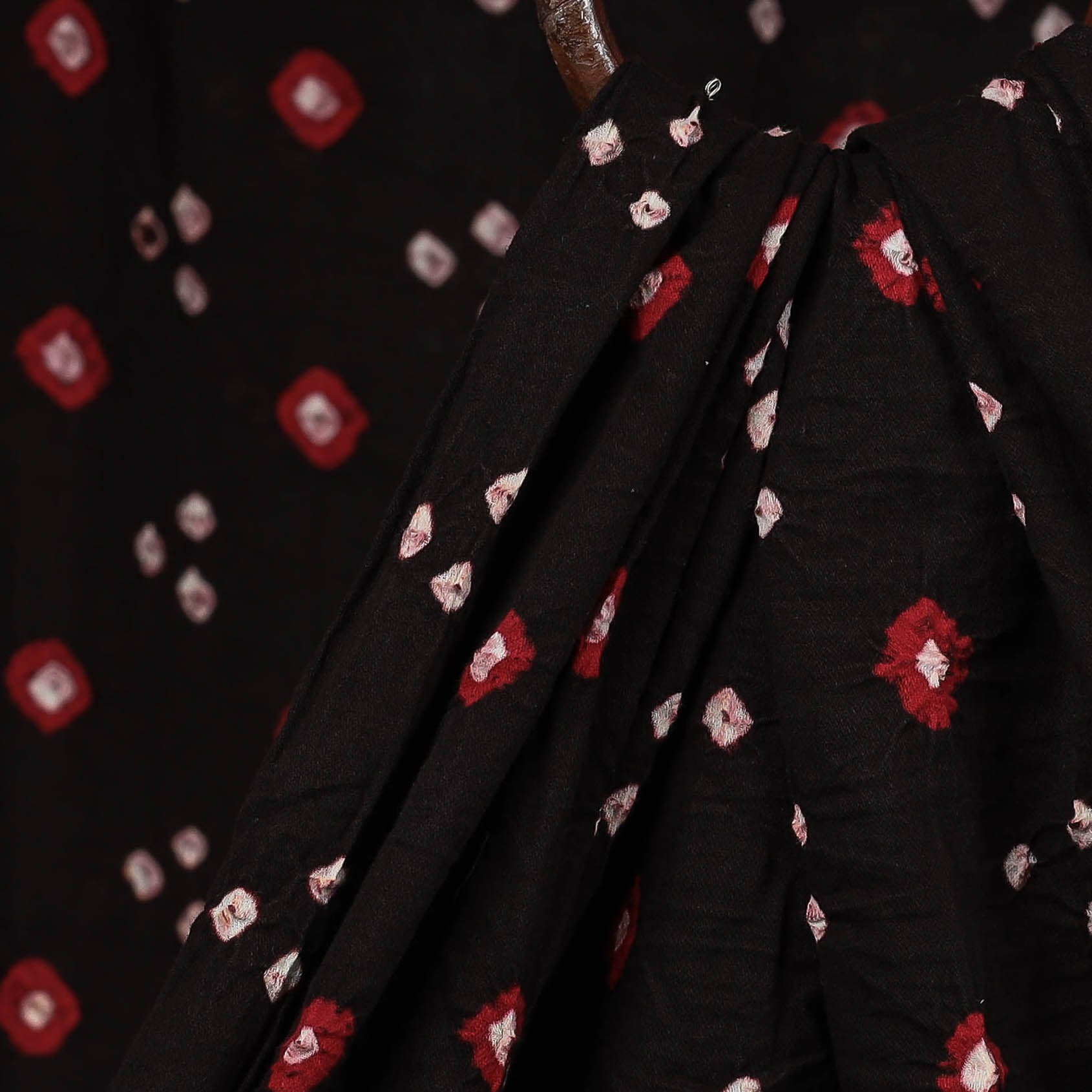 Black - Red with White Buti Kutch Tie-Dye Bandhani Mul Cotton Fabric 03