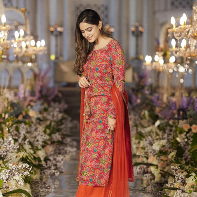 Dhara orange heavy kurta-palazzo set