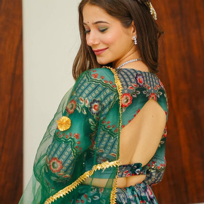 Green silk embroidered lehenga choli set