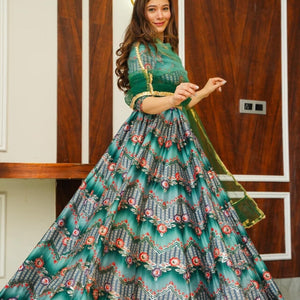 Green silk embroidered lehenga choli set
