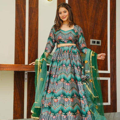 Green silk embroidered lehenga choli set