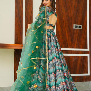 Green silk embroidered lehenga choli set