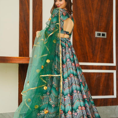 Green silk embroidered lehenga choli set