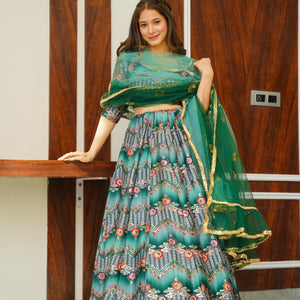 Green silk embroidered lehenga choli set