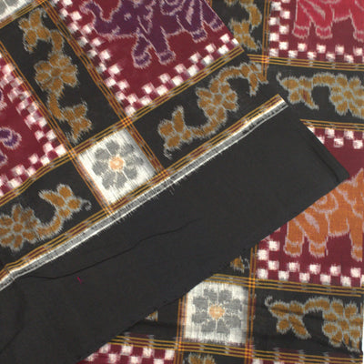 Black & Maroon Elephant Print Sambalpuri Ikat Cotton Fabric