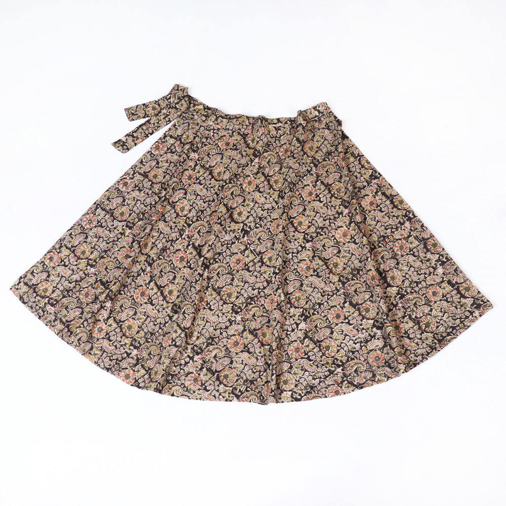 Black - Kalamkari Block Printed Cotton Wrap Around Skirt