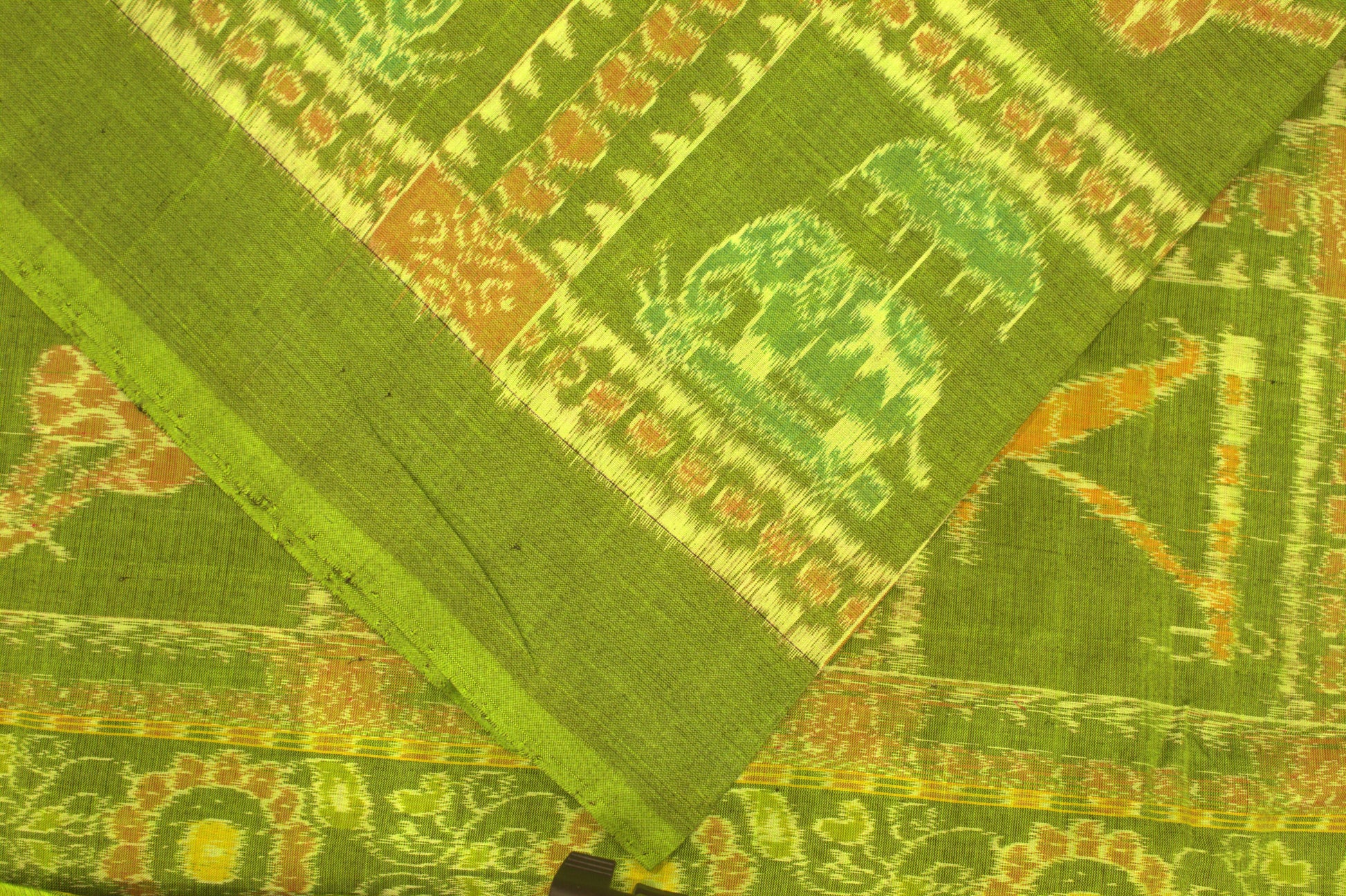 Green Elephant Design Sambalpuri Ikat Cotton Fabric