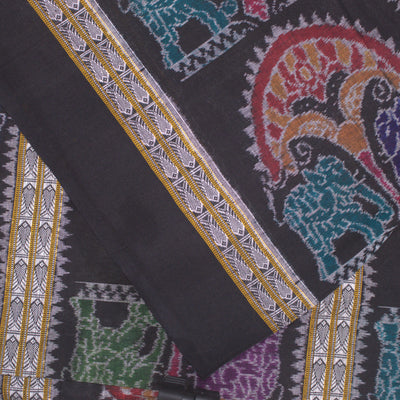 Black Elephant Design With Fish Motif Sambalpuri Ikat Cotton Fabric