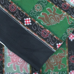 Green With Black Stripe Elephant Design Sambalpuri Ikat Cotton Fabric