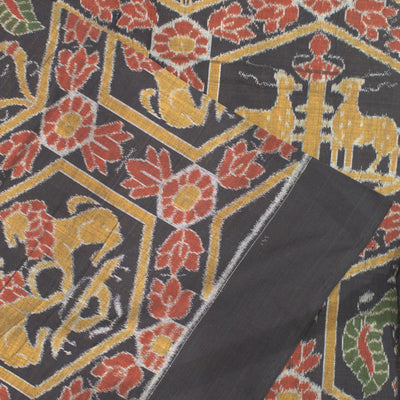 Black Yellow Deer Design Sambalpuri Ikat Cotton Fabric