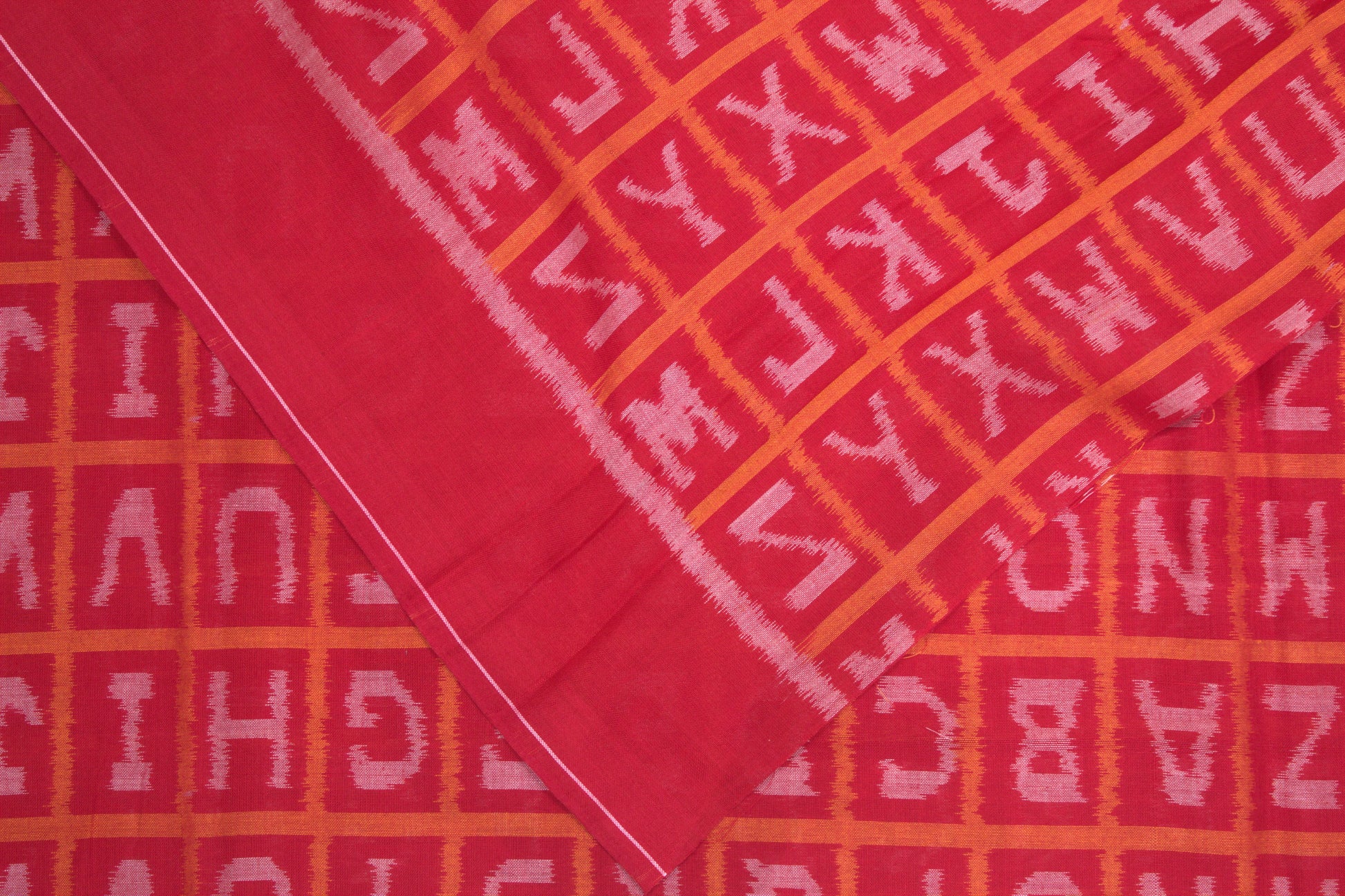 Red Off White English Alphabet Sambalpuri Cotton Fabric