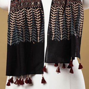 Black - Ajrakh Block Printed Mul Cotton Stole with Tassels