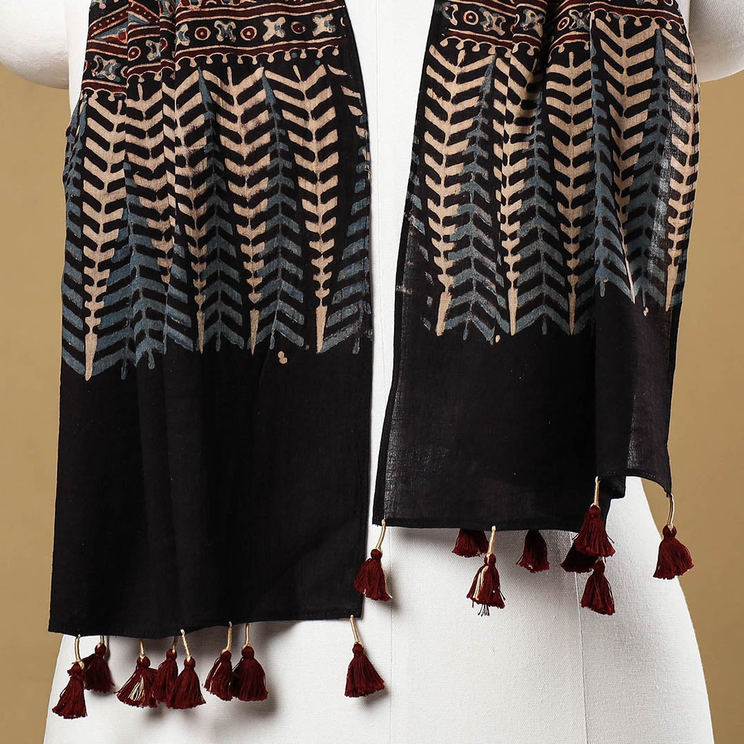 Black - Ajrakh Block Printed Mul Cotton Stole with Tassels