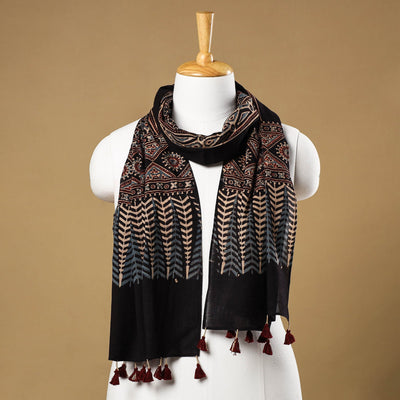 Black - Ajrakh Block Printed Mul Cotton Stole with Tassels