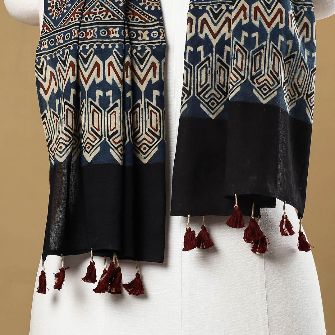 Blue - Ajrakh Block Printed Mul Cotton Stole with Tassels