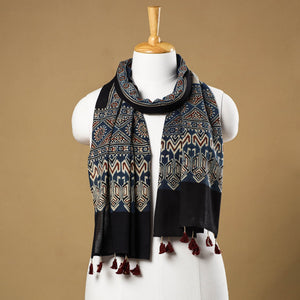 Blue - Ajrakh Block Printed Mul Cotton Stole with Tassels
