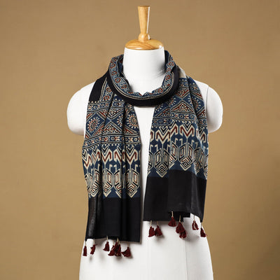 Blue - Ajrakh Block Printed Mul Cotton Stole with Tassels