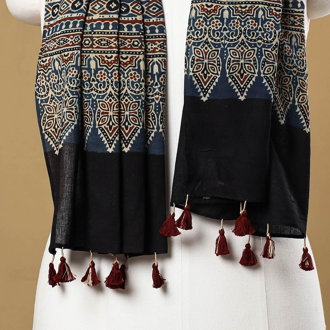 Blue - Ajrakh Block Printed Mul Cotton Stole with Tassels