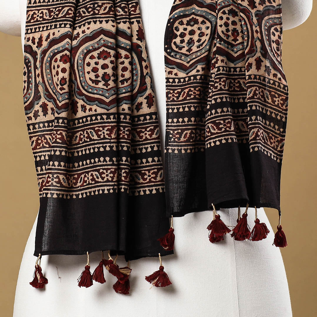 Black - Ajrakh Block Printed Mul Cotton Stole with Tassels