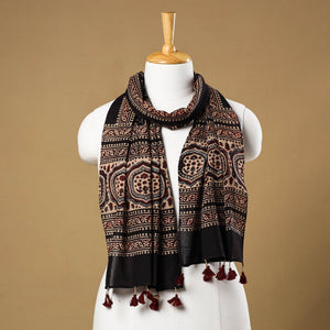 Black - Ajrakh Block Printed Mul Cotton Stole with Tassels
