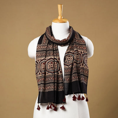 Black - Ajrakh Block Printed Mul Cotton Stole with Tassels