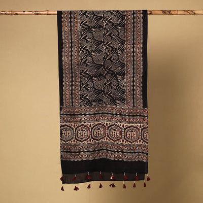 Black - Ajrakh Block Printed Mul Cotton Stole with Tassels