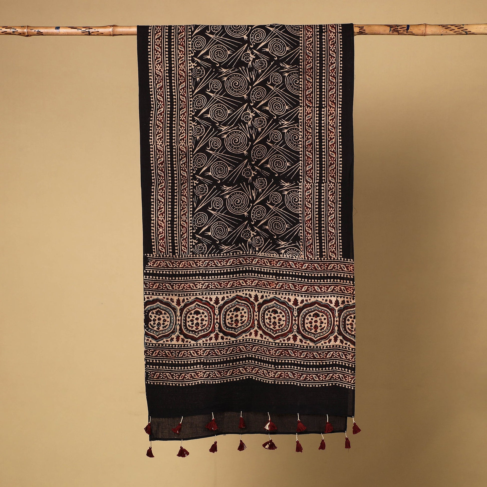 Black - Ajrakh Block Printed Mul Cotton Stole with Tassels