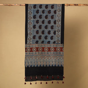 Blue - Ajrakh Block Printed Mul Cotton Stole with Tassels