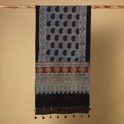 Blue - Ajrakh Block Printed Mul Cotton Stole with Tassels