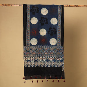 Blue - Ajrakh Block Printed Mul Cotton Stole with Tassels