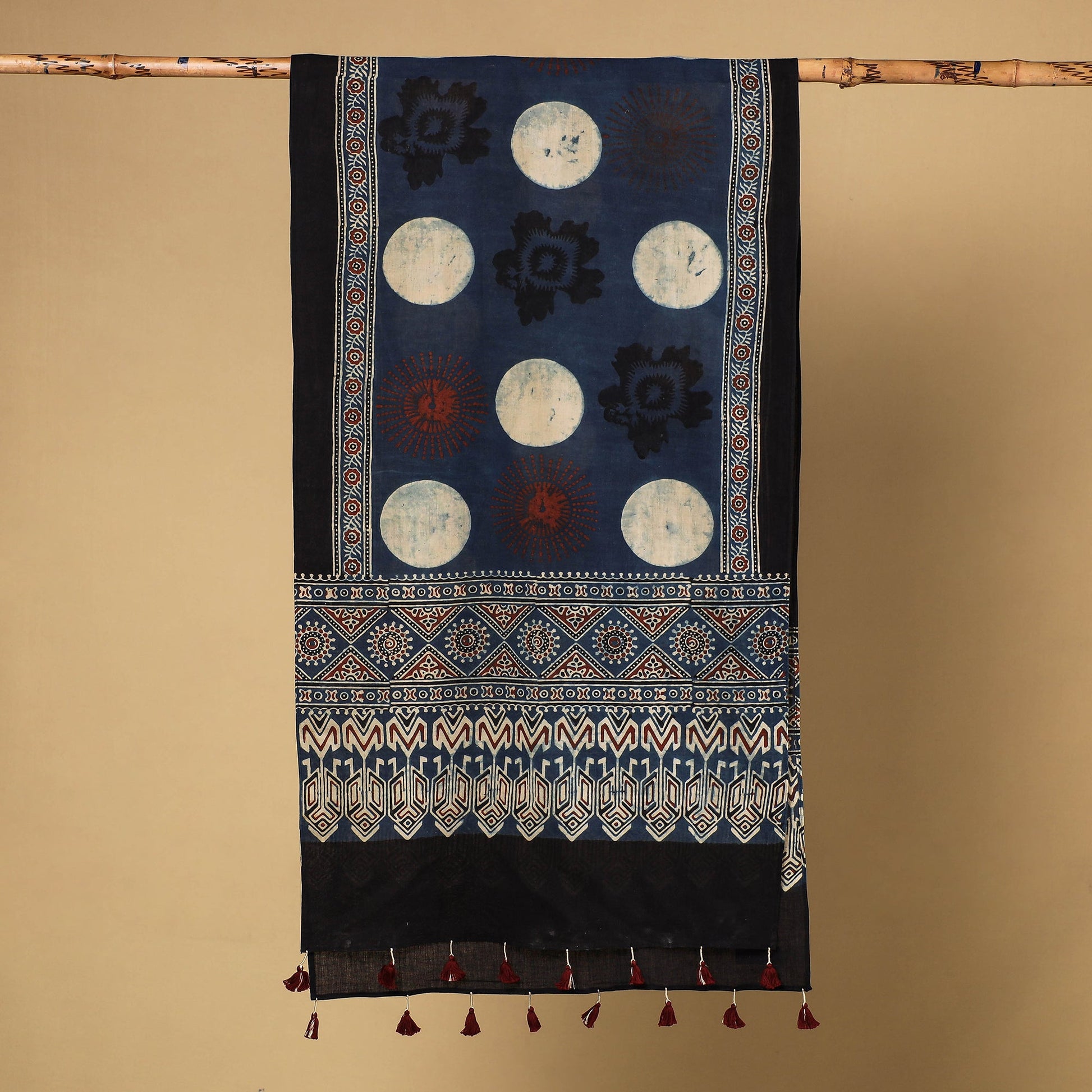 Blue - Ajrakh Block Printed Mul Cotton Stole with Tassels
