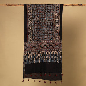 Black - Ajrakh Block Printed Mul Cotton Stole with Tassels