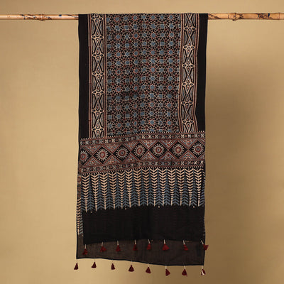 Black - Ajrakh Block Printed Mul Cotton Stole with Tassels