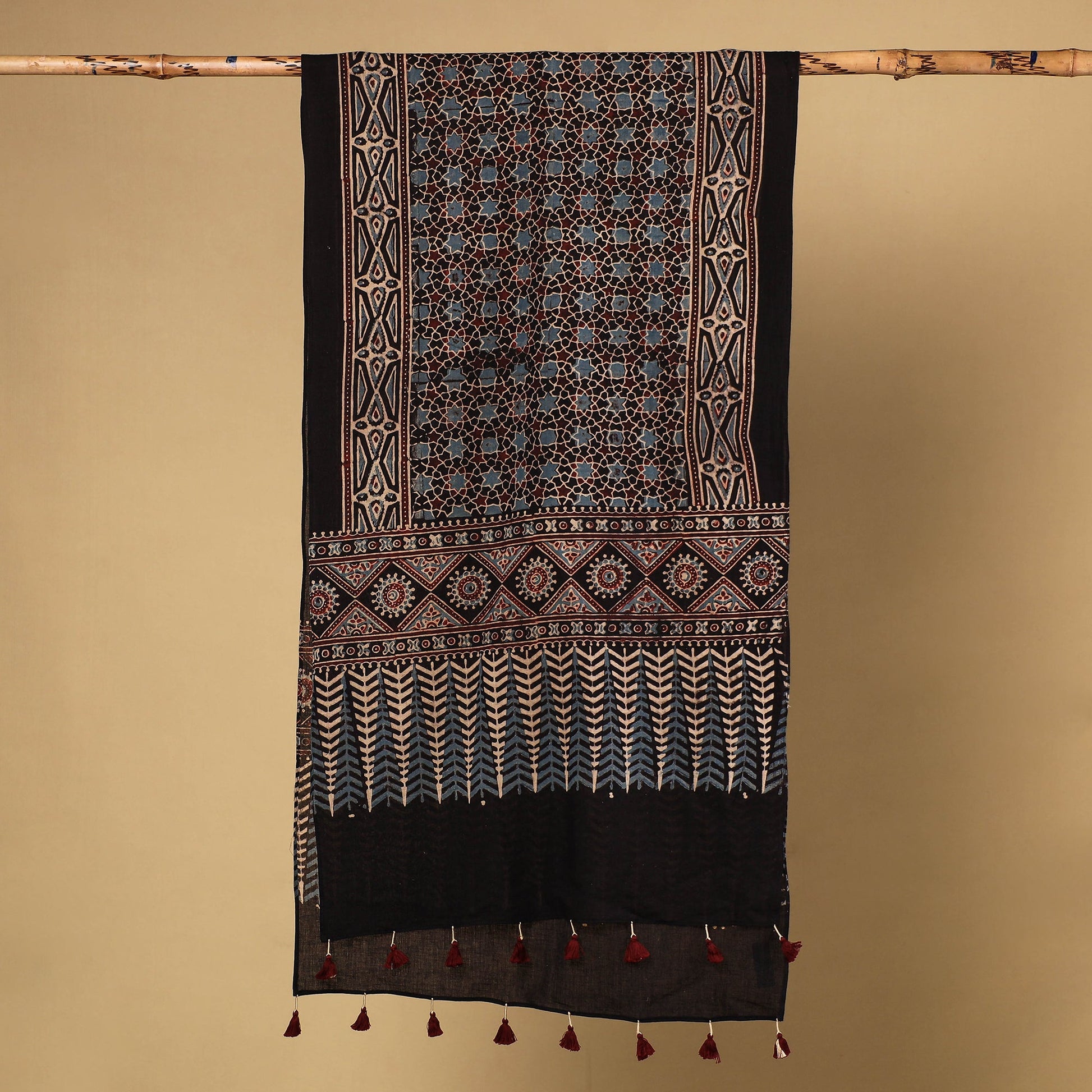 Black - Ajrakh Block Printed Mul Cotton Stole with Tassels