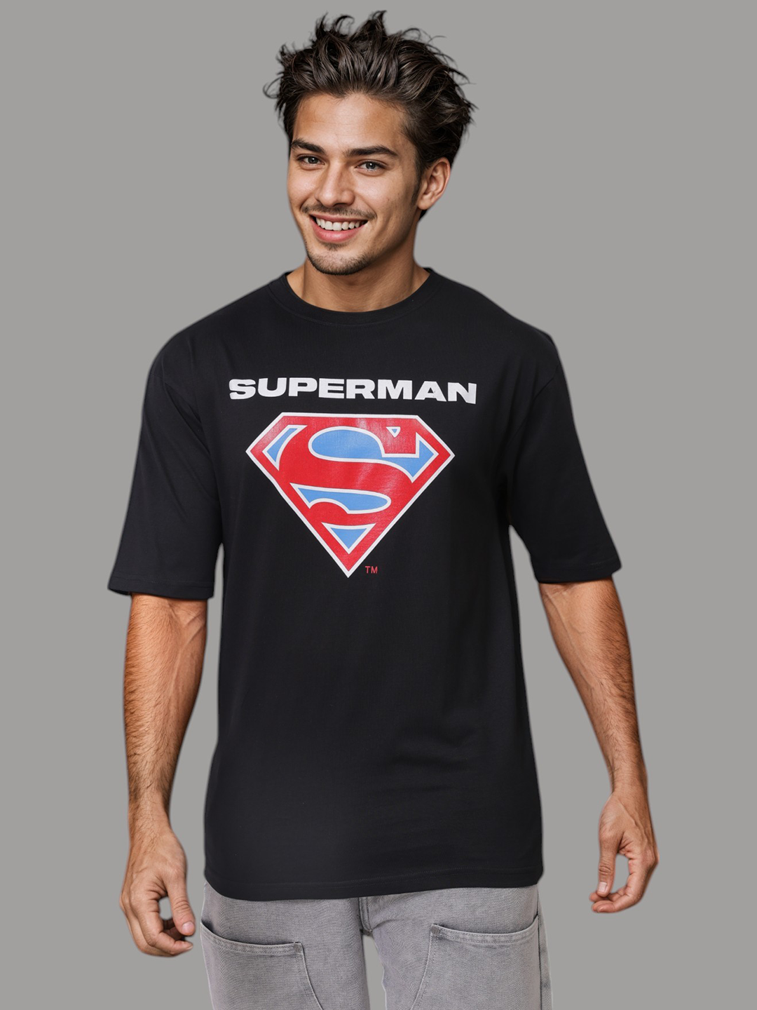 Men's Black Boxy Fit Character Print Crew Neck T-shirt