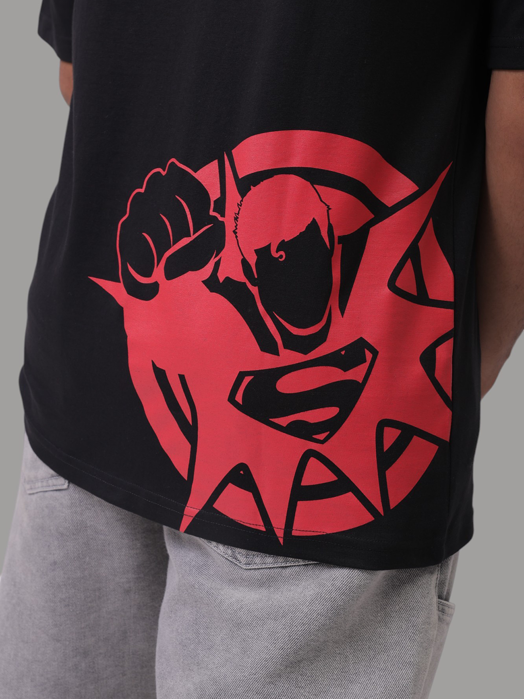 Men's Black Boxy Fit Character Print Crew Neck T-shirt