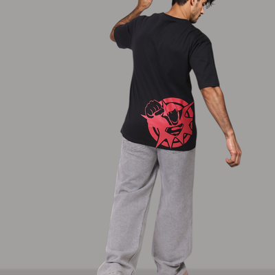 Men's Black Boxy Fit Character Print Crew Neck T-shirt