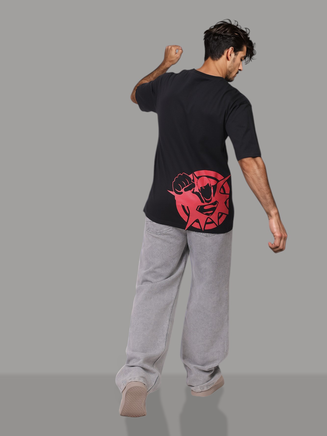 Men's Black Boxy Fit Character Print Crew Neck T-shirt