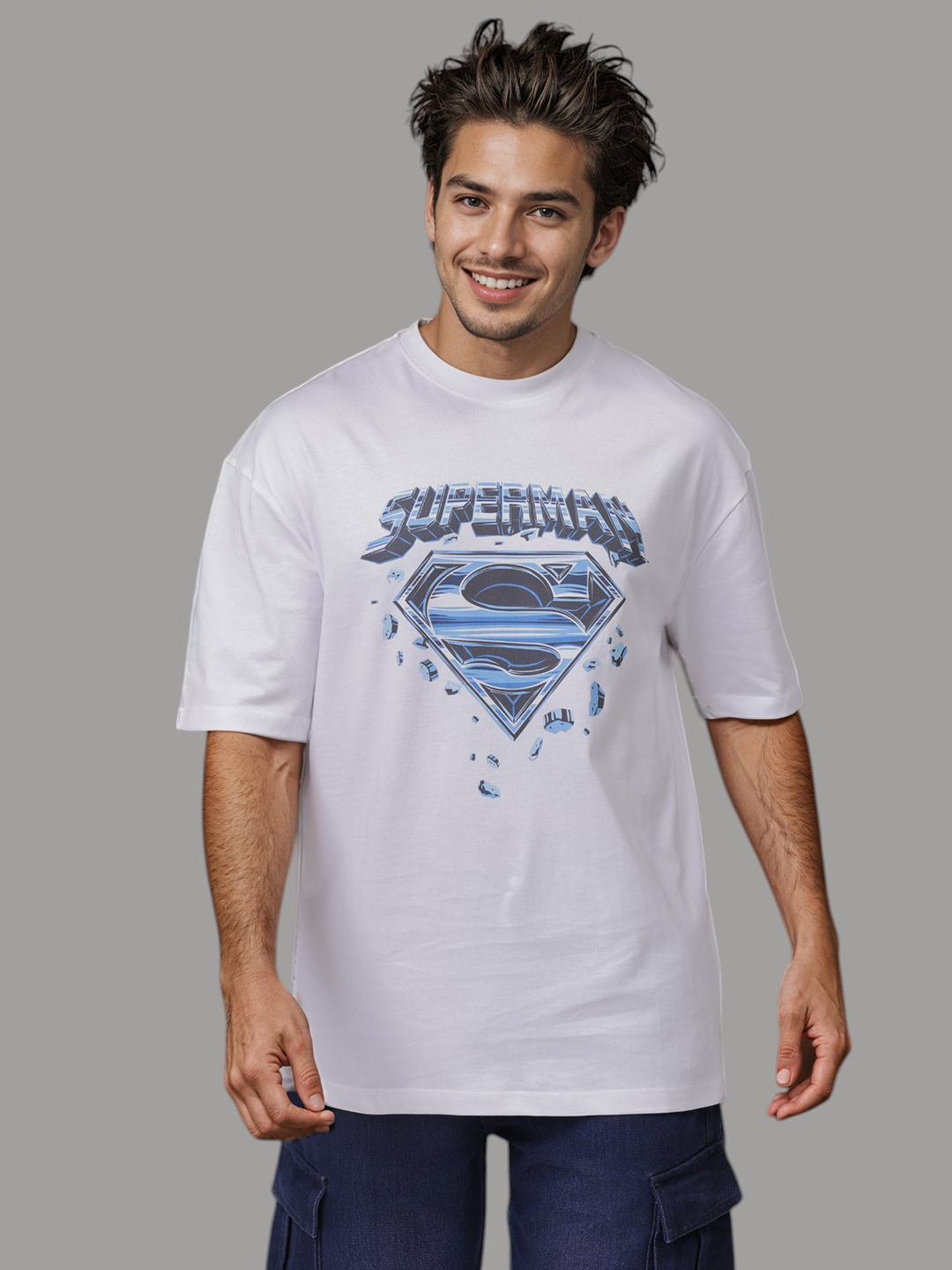 Men's White Boxy Fit Character Print Crew Neck T-shirt