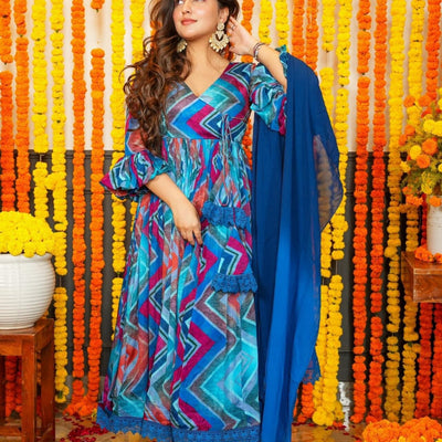 Ravishing Blue Chinon Suit Set
