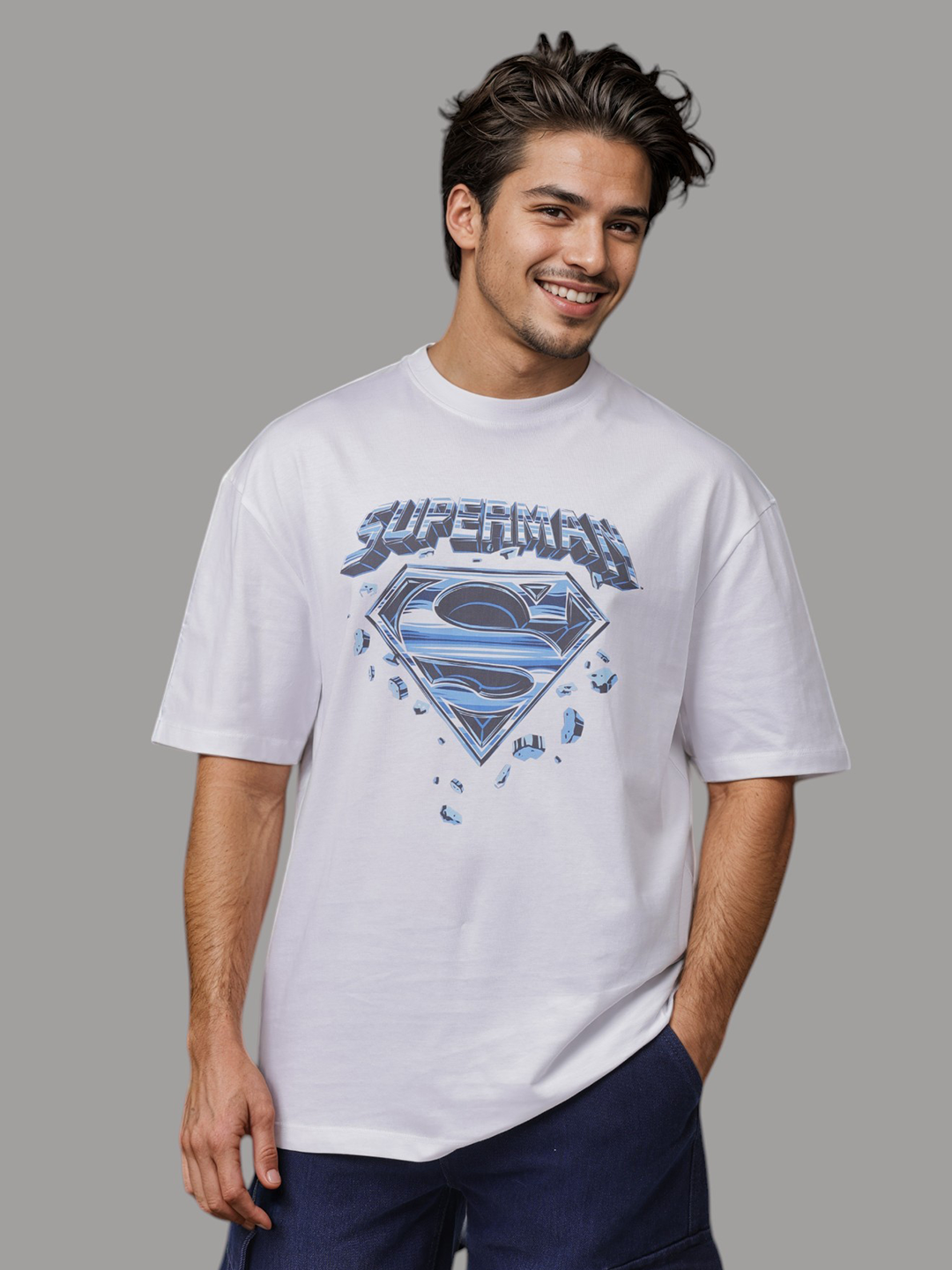 Men's White Boxy Fit Character Print Crew Neck T-shirt
