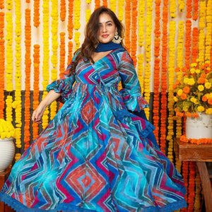 Ravishing Blue Chinon Suit Set