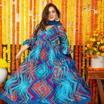 Ravishing Blue Chinon Suit Set