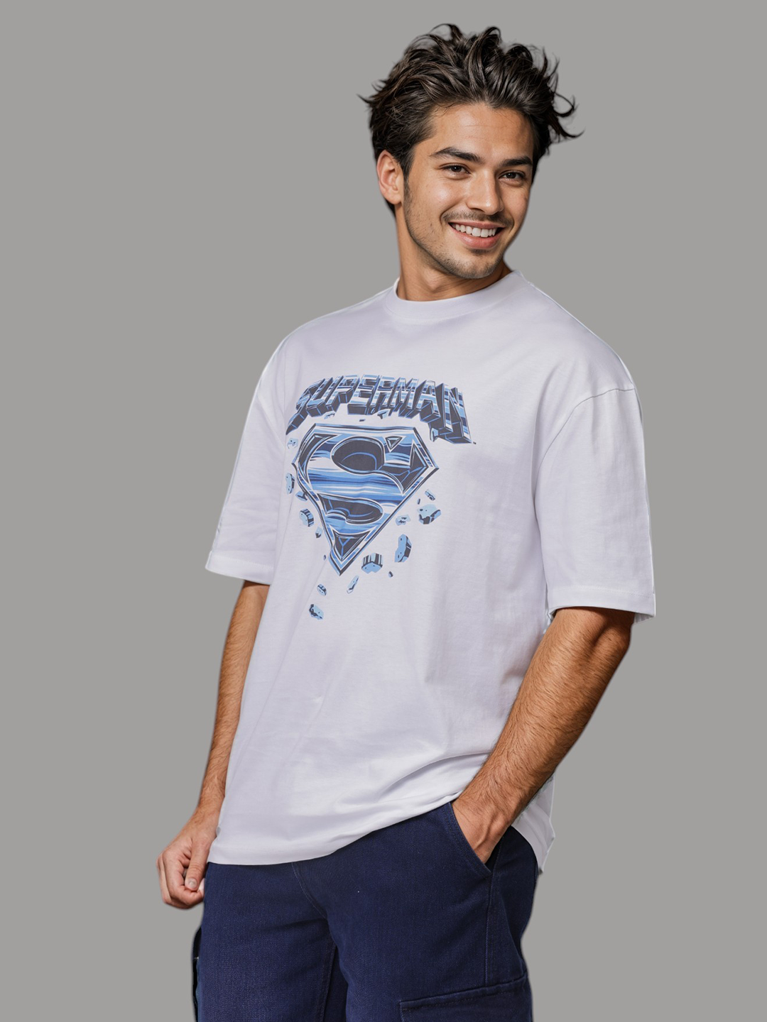 Men's White Boxy Fit Character Print Crew Neck T-shirt