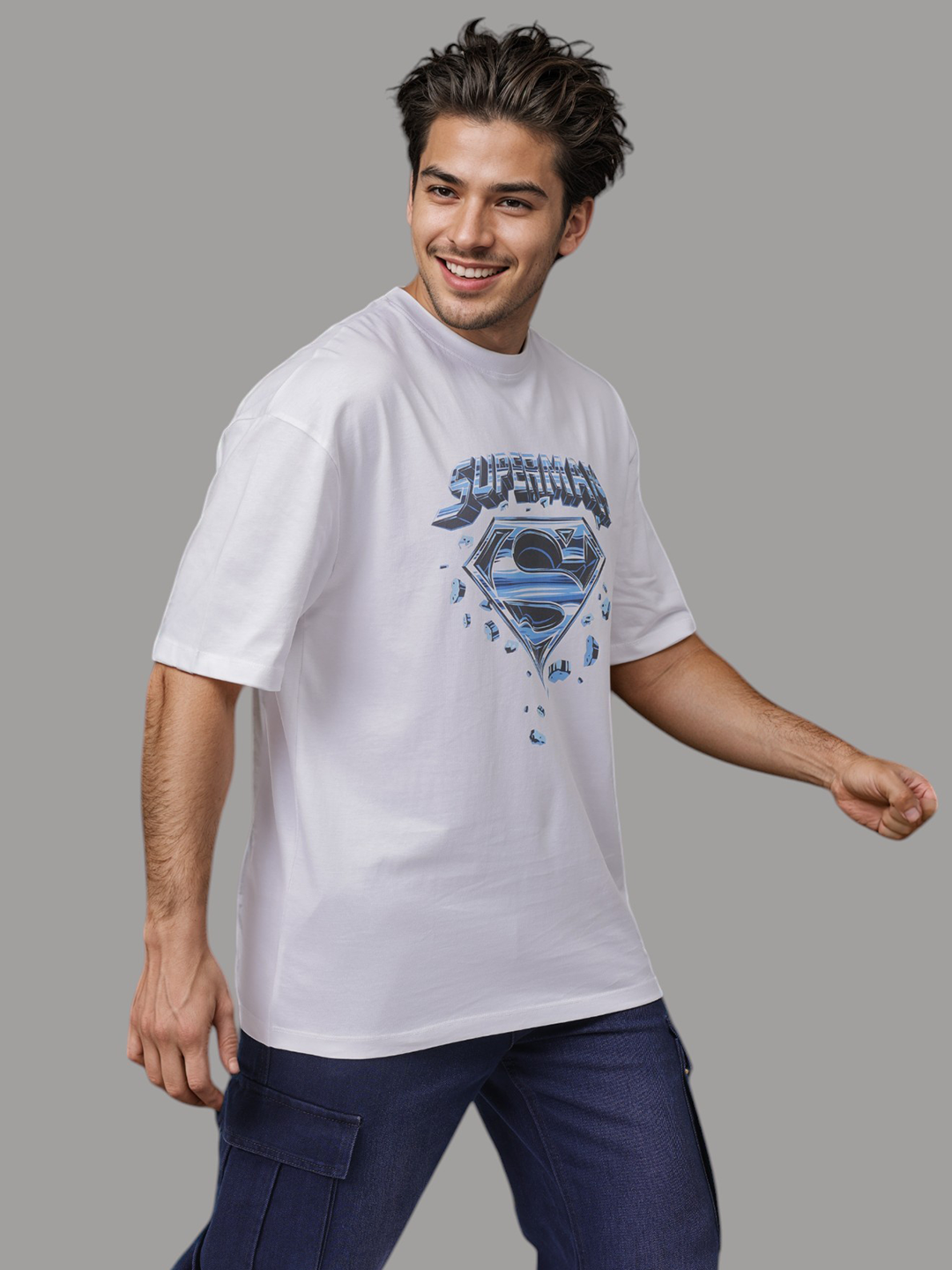 Men's White Boxy Fit Character Print Crew Neck T-shirt