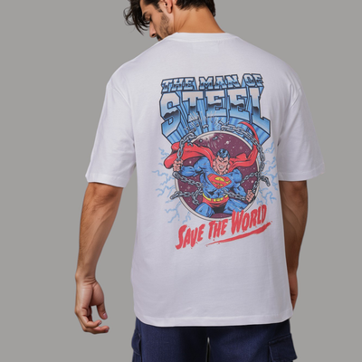 Men's White Boxy Fit Character Print Crew Neck T-shirt